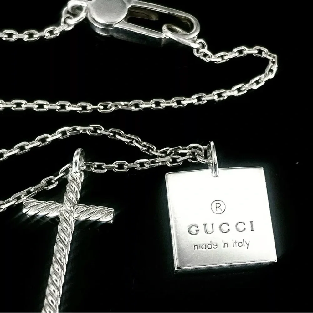 Gucci Sterling Silver Cross & Logo Tag Pendant Necklace - Box Included - Picture 6 of 9